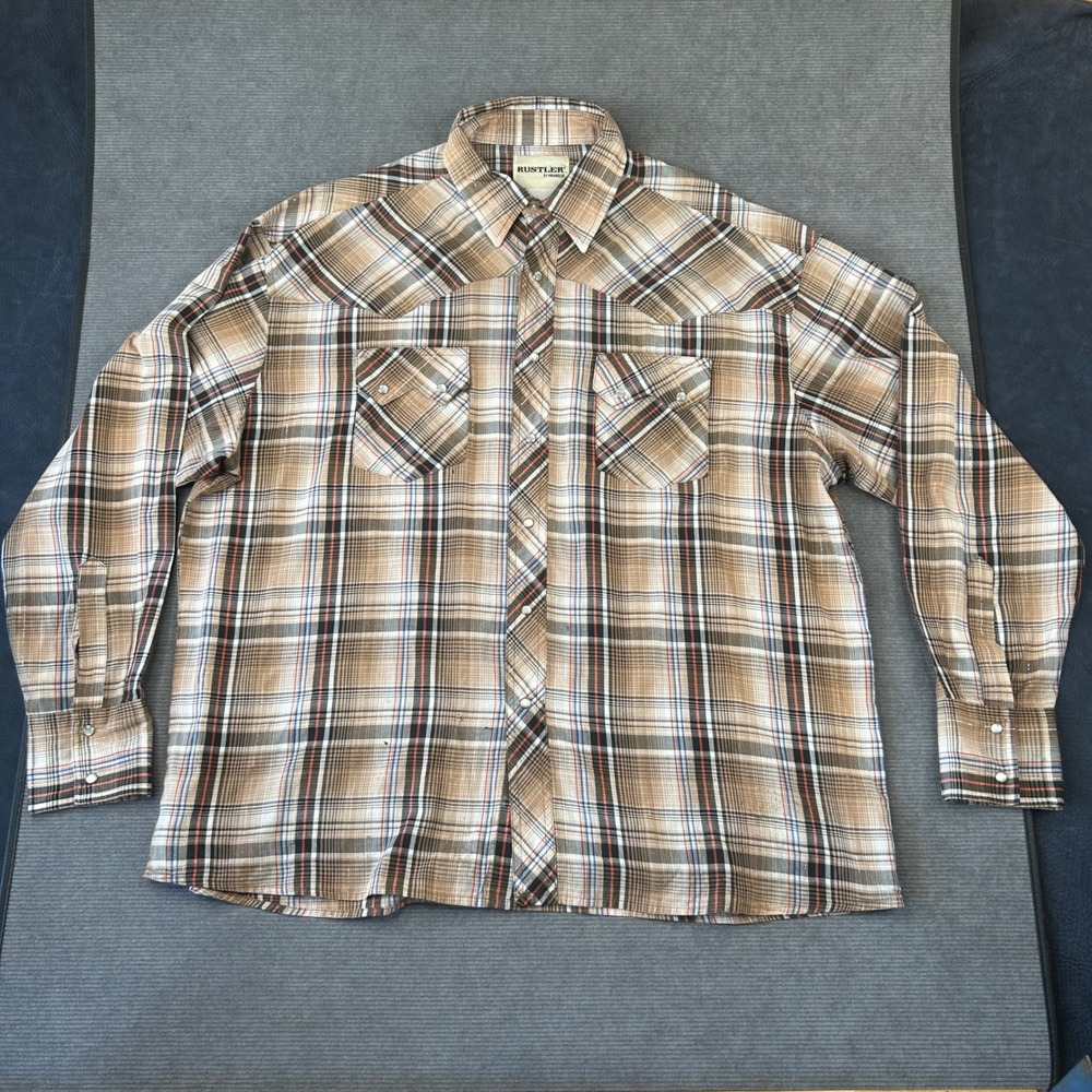 Rustler by Wrangler Mens Plaid Western Pearl Snap y2k Shirt Brown Tan XL Lg vtg